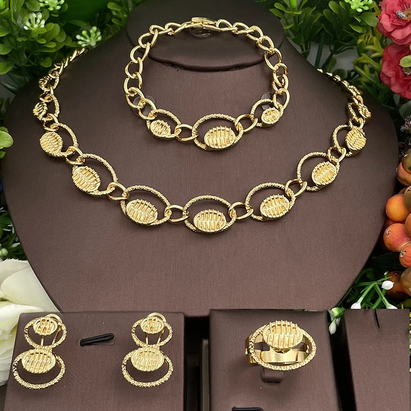 

Dubai Brazilian Gold Plated Jewelry Set Earrings Round Shape Necklace Bracelet Ring Jewelry for Women Wedding Bridal Party Gifts