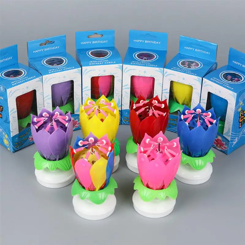 Upgrade Multicolor Rotating Lotus Cake Candle Electronic Music Birthday Wedding Decoration For Kids Gift Party DIY |