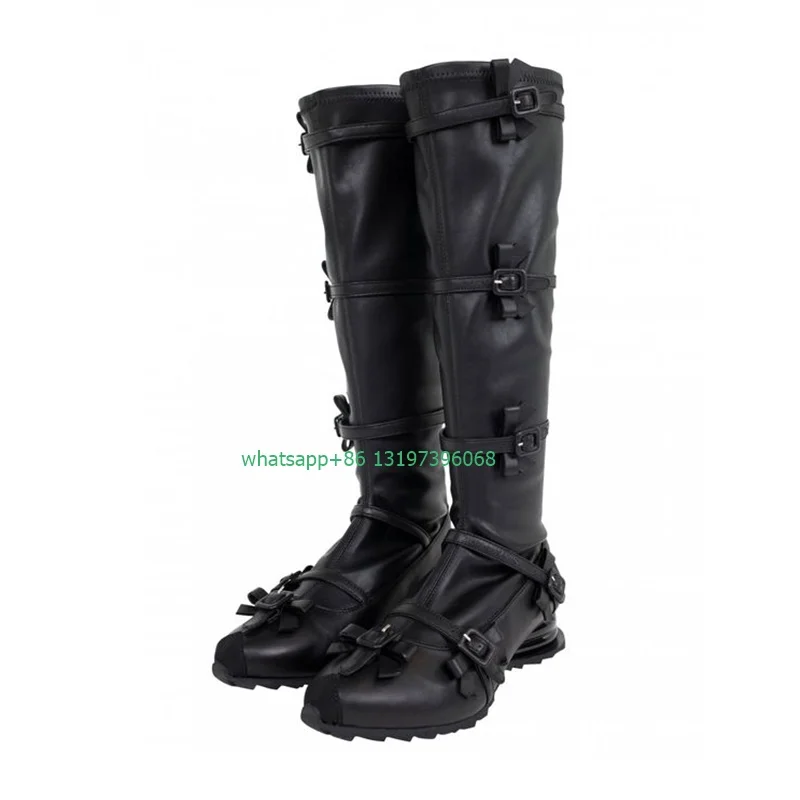 

Lady stretch buckle black knee high boots pointed toe boots punk style Y2K runway daily dress new arrive boots footwear size 46