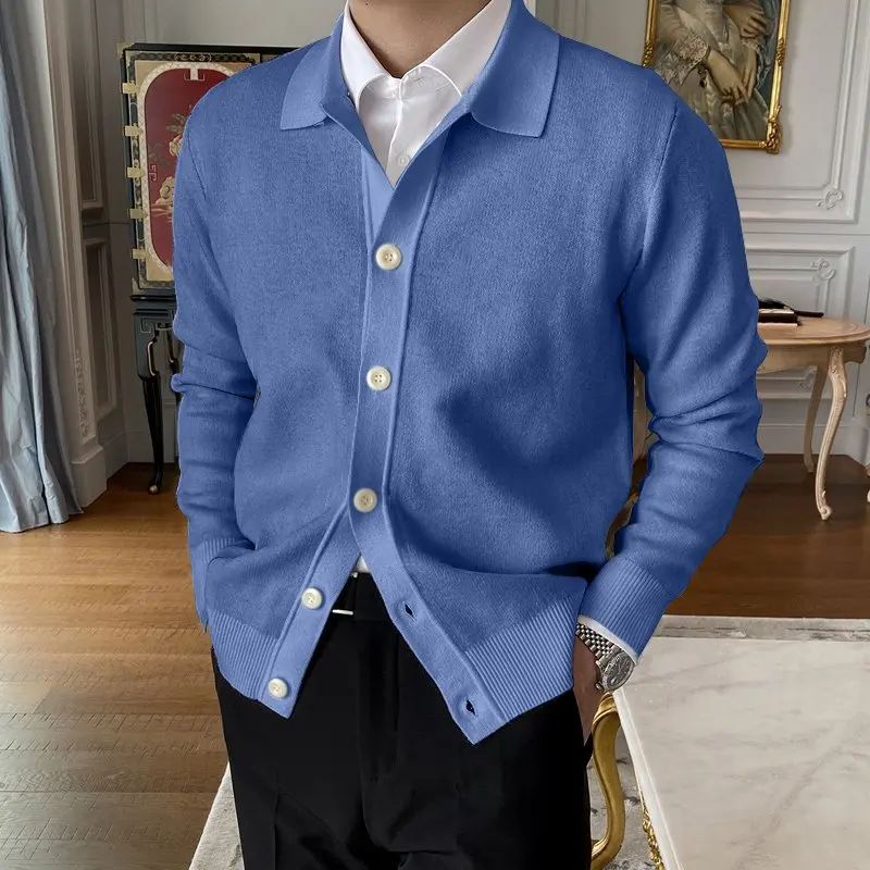 2023 Spring Autumn New Cotton Knitted Cardigan Slim Long Sleeve Button Korean Men's Fashion Lapel Sweater Simple Casual Coat 2