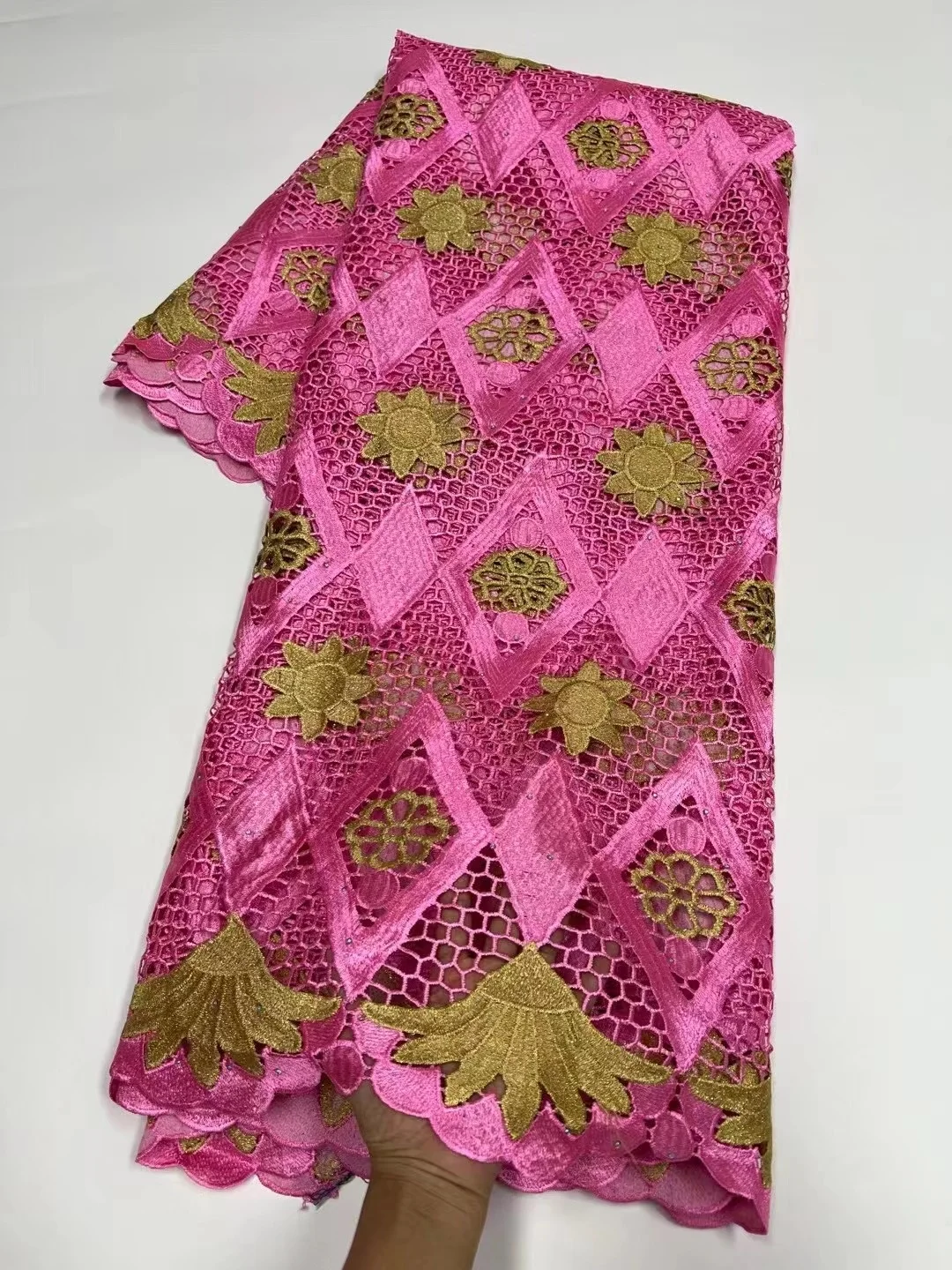 

Pink Nigeria Guipure Cotton Lace Fabric 2023 High Quality Embroidery African Cord Lace Fabrics With Stones For Wedding