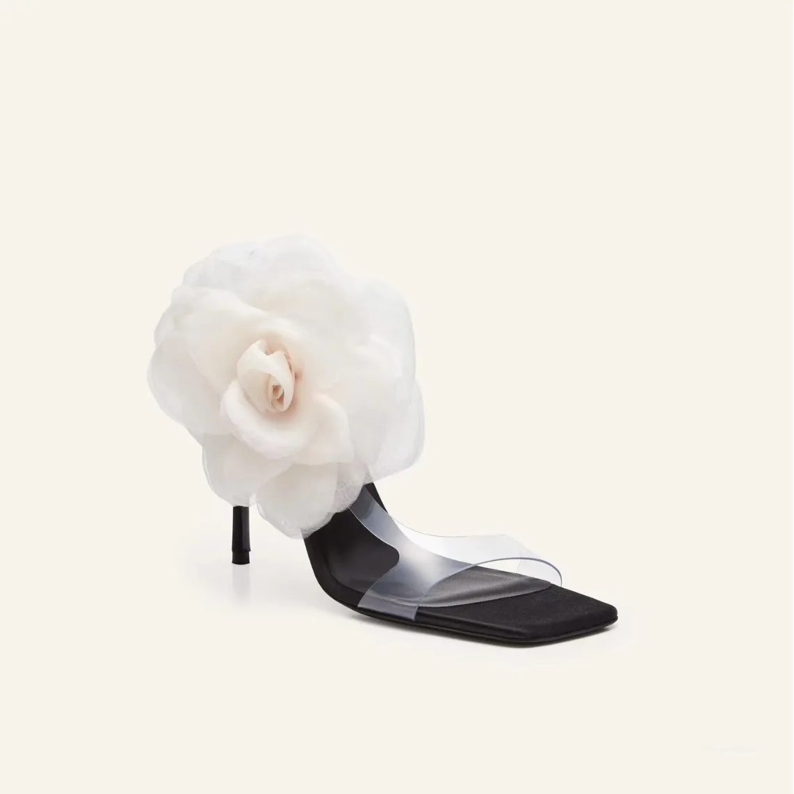 European and American Lace Flower Slim Heel Sandals, Transparent Square Toe Open Toe High Heels, Banquet Runway High Heels