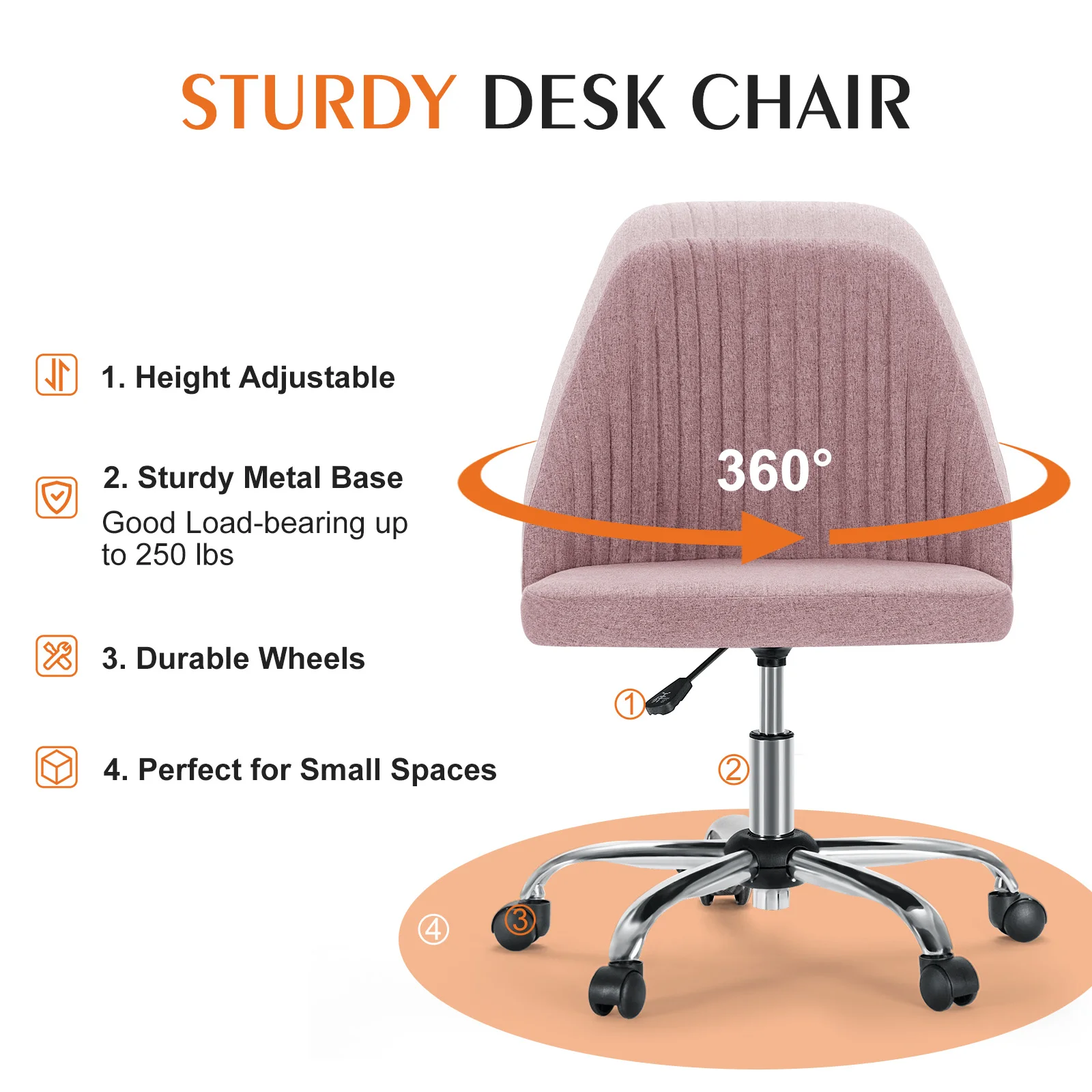 JHK Armless Small Desk Office Chair Cute Vanity Swivel Chair with Back Modern Fabric with Wheels Swivel Task Home Gaming Chair 4