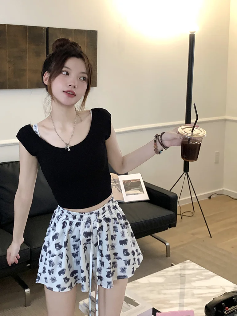 Puppy Print Baggy Shorts Elastic Waist Drawstring Casual Pants Women Summer High Waist Loose Slimming Wide Leg Short Pants