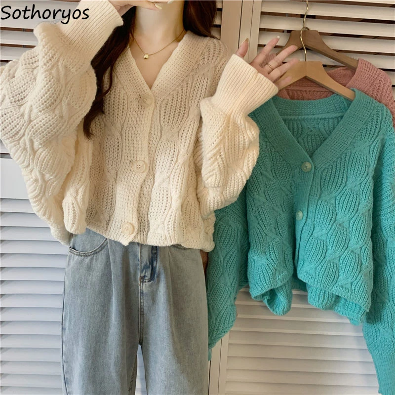 

3 Colors Cropped Knitted Cardigan Women Loose Preppy Style Kawaii Girlish Warm Soft Fashion Mujer Sweater Fall Tender Ulzzang