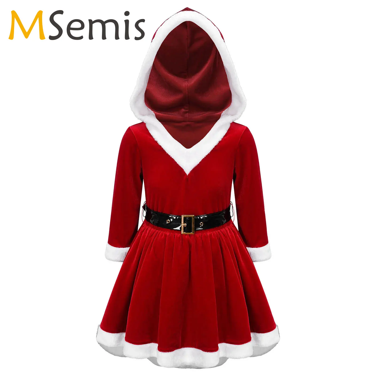 

Kids Girls Christmas Mrs. Claus Dress Holiday Party Elf Costume Long Sleeve Velvet Hooded Clown Collar Pom Pom Trim Dance Dress