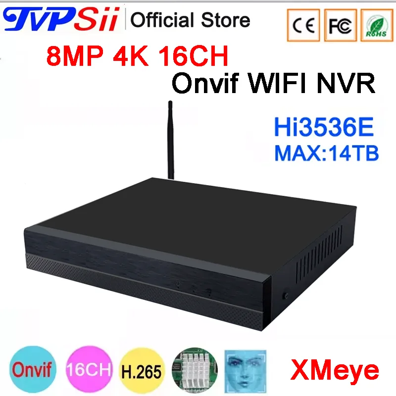 Network Video Recorder Hi3536E Xmeye H.265+ 8MP 4K 16CH Face Detection Onvif WIFI CCTV DVR NVR