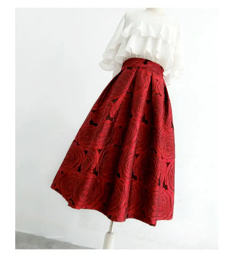 2022 Spring Autumn Hepburn Vintage Elegant Women Red Y2k Retro Floral Aesthetic Jacquard High-waisted Long A-line Pleated Skirt golf skirt