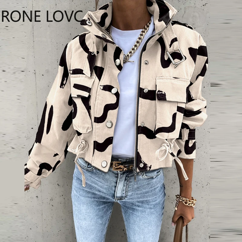 

Women Chic Stand Collar Pocket Allover Print Long Sleeves Zipper&Covered Button Short Jacket Tops