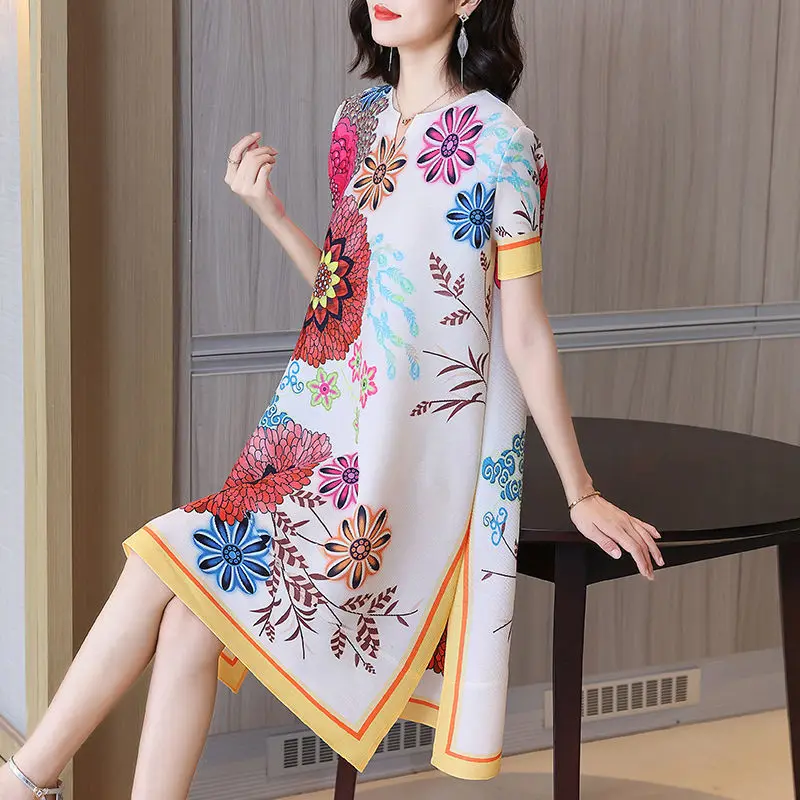 

Summer Floral Printing Fashion Short Sleeve Casual Dresses Women High Street Vintage Elegant Pure Cotton Chinese Style Vestidos