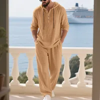 Nouvel ensemble pull à capuche en lin pour homme - coupe ample, chemise décontractée confortable à manches longues et pantalon large - tenue de plage estivale 4