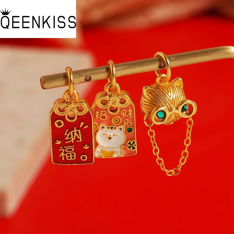 

QEENKISS 24KT Gold FU Cat Beads Charm Pendant For DIY Bracelet Making For Girl Children Jewelry Accessories Bulk Wholesale AC512