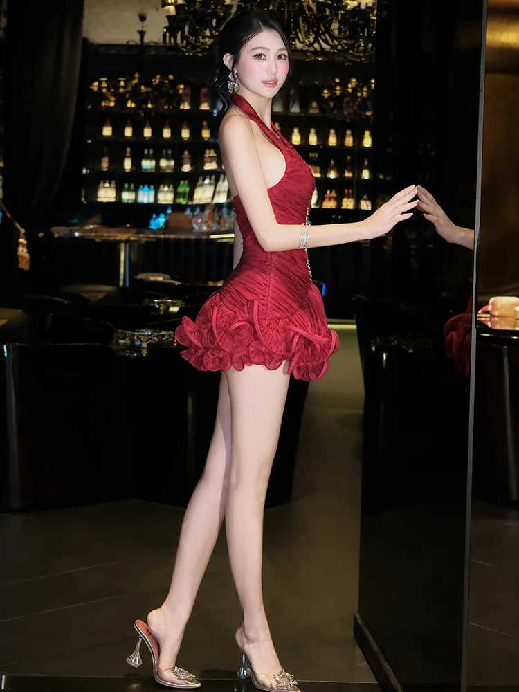 Nibber Sexy Backless Halter Puffy Dress Women Crystal Sticker Stripe Sleeveless Ruched Party Club Stretch Trend Mini Bodycon