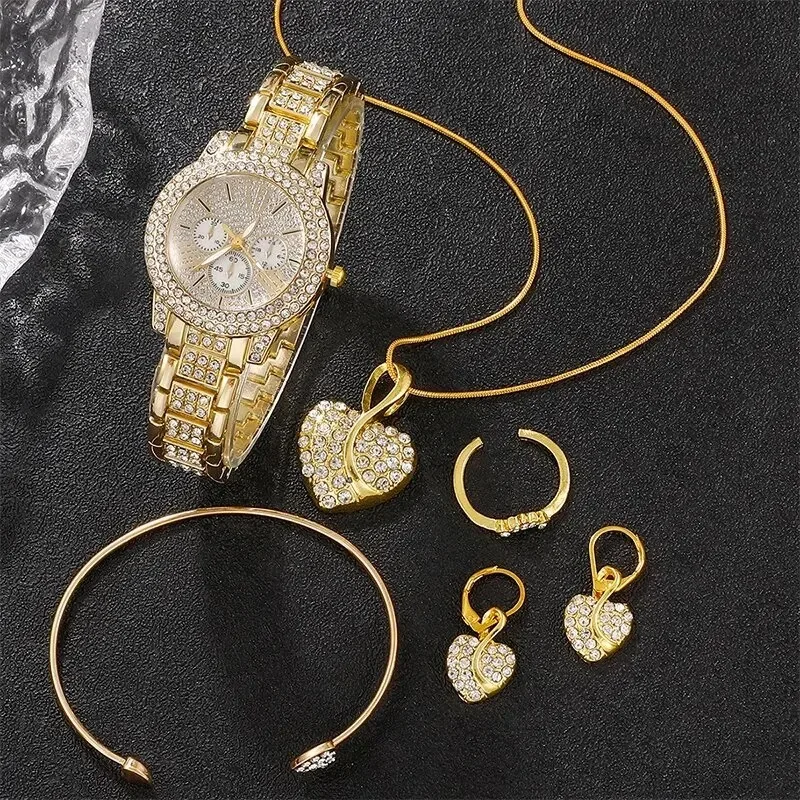 Womens Quartz Watch Gold Luxury Women Ring Necklace Earring Rhinestone Fashion Wristwatch Casual Ladies Watches Jewelry Set