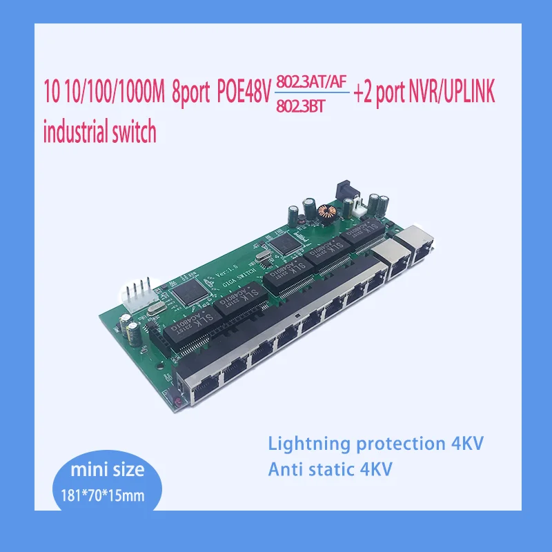Interruptor Ethernet 802. 3at Af.8 Poe 802.3bt com Portas 1000m 48v 10 100 1000m Uplink Nvr