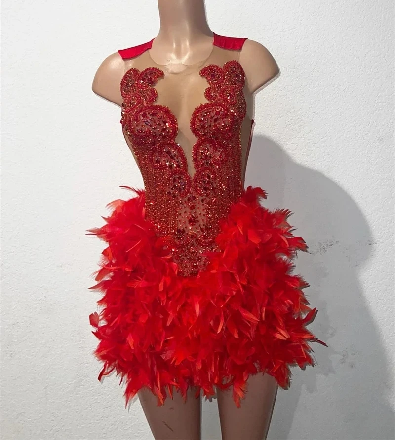 

Sexy Red Sheer Feather Diamond Short Prom Dresses Black Girls Birthday Party Dresses African Mini Cocktail Dresses Homecoming