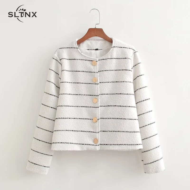

SLTNX Striped Tweed Jackets for Women 2023 Chic Single-breasted Coats Female O-Neck Long Sleeve Jacket Ladies New Outerwear