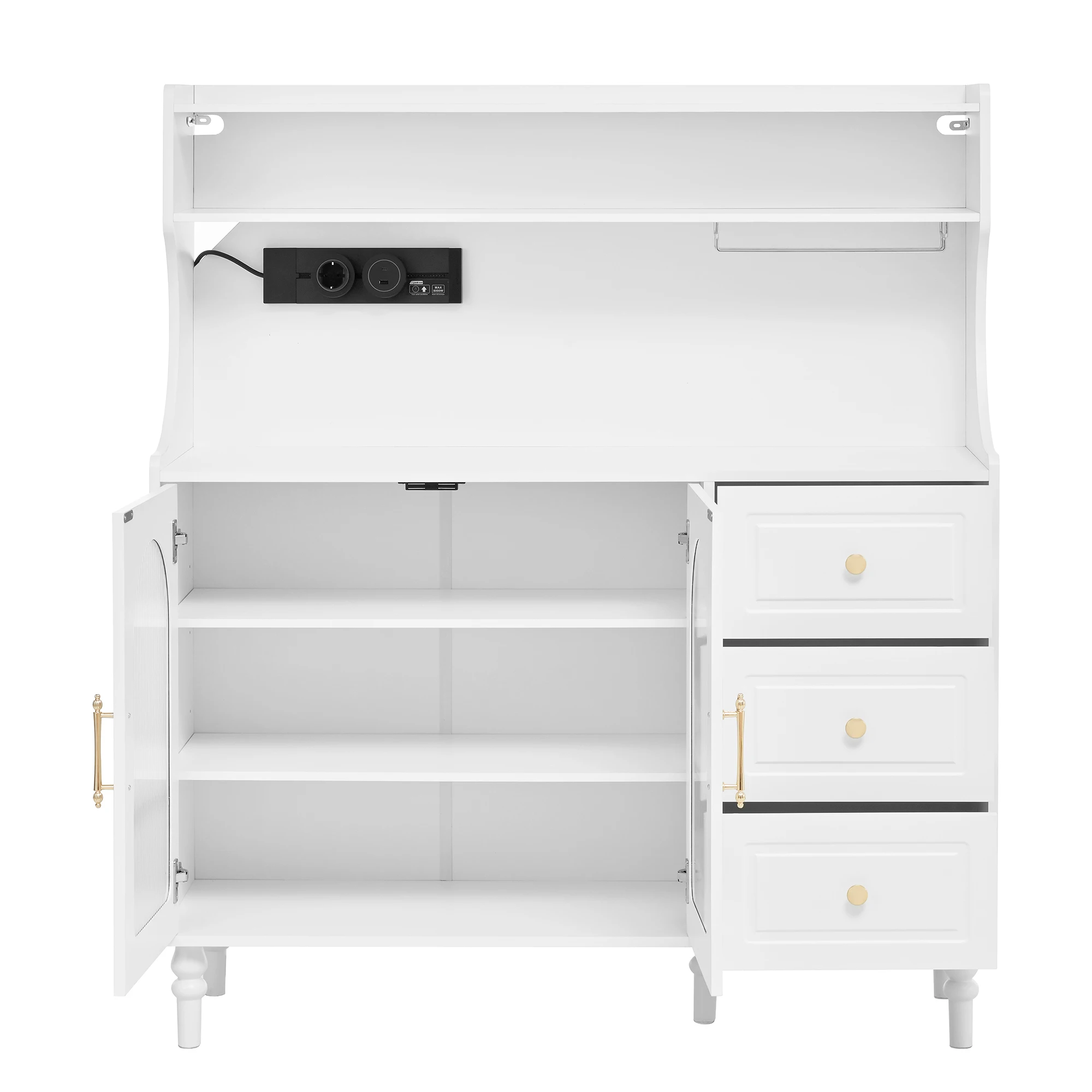 Hoher Schrank mit Steckdosen und Schubladen, Barschrank mit Weinglashaltern und Stauraum, Küchensideboard mit verstellbaren Elementen – Detail 11