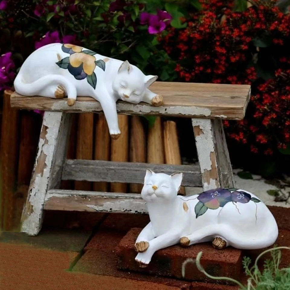 Estatuas De Jardín De Gato Y Perro Durmiendo | 18 Cm, Pintadas A Mano, Resistentes A La Intemperie