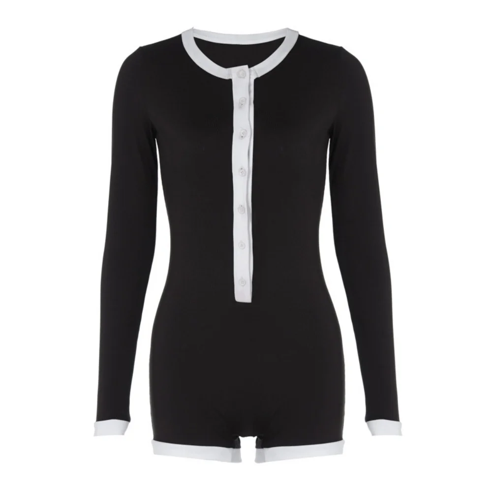 BKLD 2024 Autumn Winter New Womans Clothing Fashion Contrast Colored Panel Long Sleeve Short Jumpsuit Round Neck Slim Fit Romper