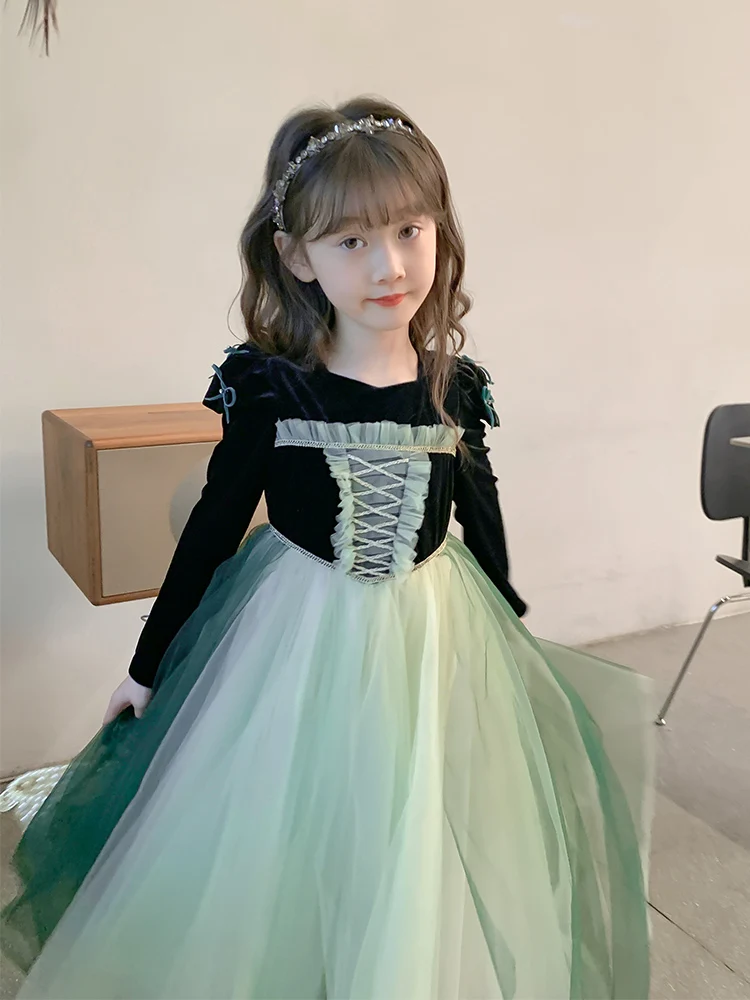 Baby Girls Anna Frozen Queen Green Autumn 2024 New Velvet