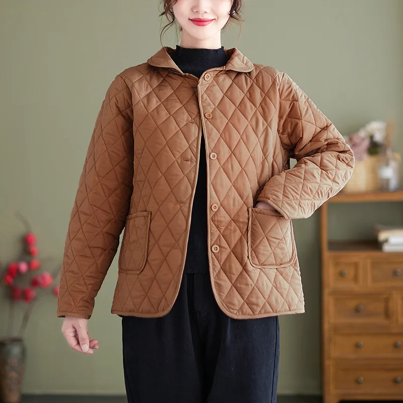 

Solid Color Diamond Patterned Cotton Jacket, Light and Thin Small Cotton Jacket, Loose Fitting 2024 Winter New Cotton Jacket