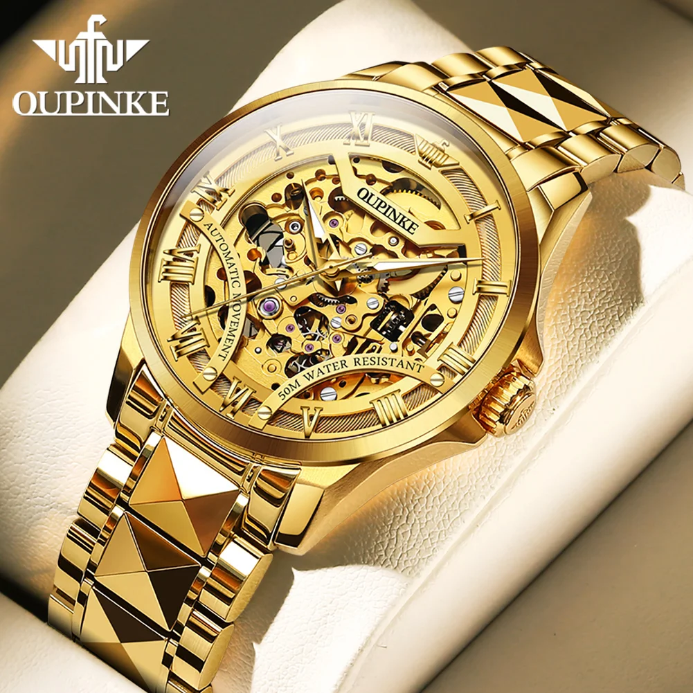 

OUPINKE Top Brand Skeleton Watch for Man Luxury Automatic Mechanical Watch Japan Movement Waterproof Steel Strap Wristwatch 3210