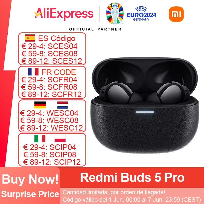 [€59-€8 code: SCIP08] Xiaomi Redmi Buds 5 Pro słuchawki Bluetooth, BT5.3 bezprzewodowa słuchawka, AI redukcja szumów dla połączeń 3 mikrofon, sterowanie dotykowe