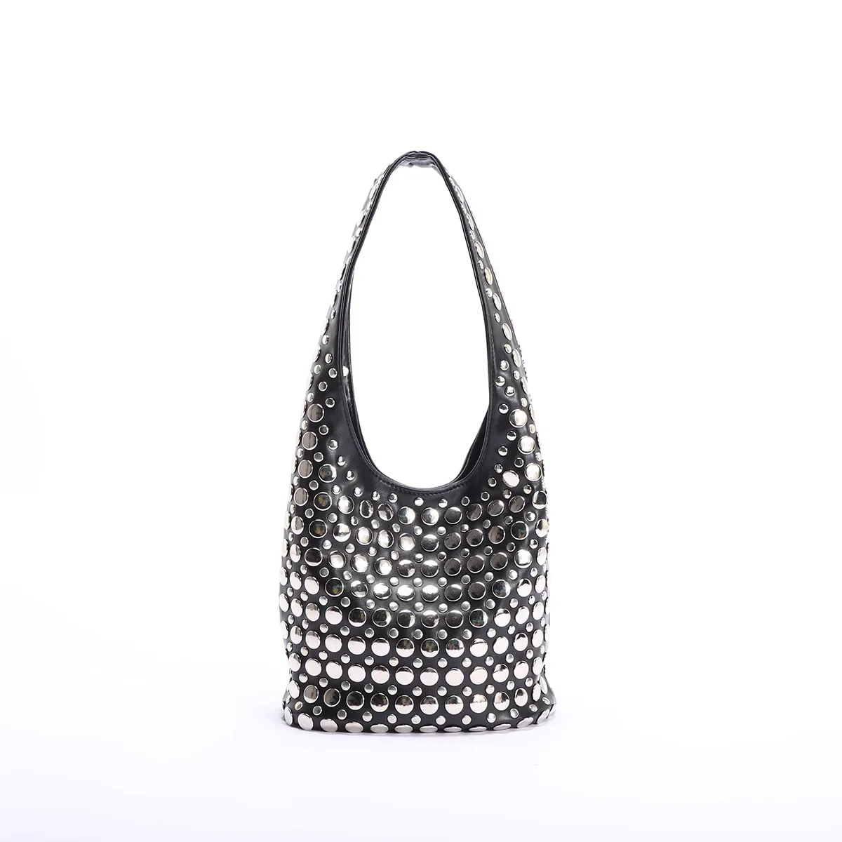 Punk Style Embellished Double-Faced Round Rivet Inlaid Niche Luxury Bucket Bag Chic Lady Underarm Large Capacity Shoulder Bag