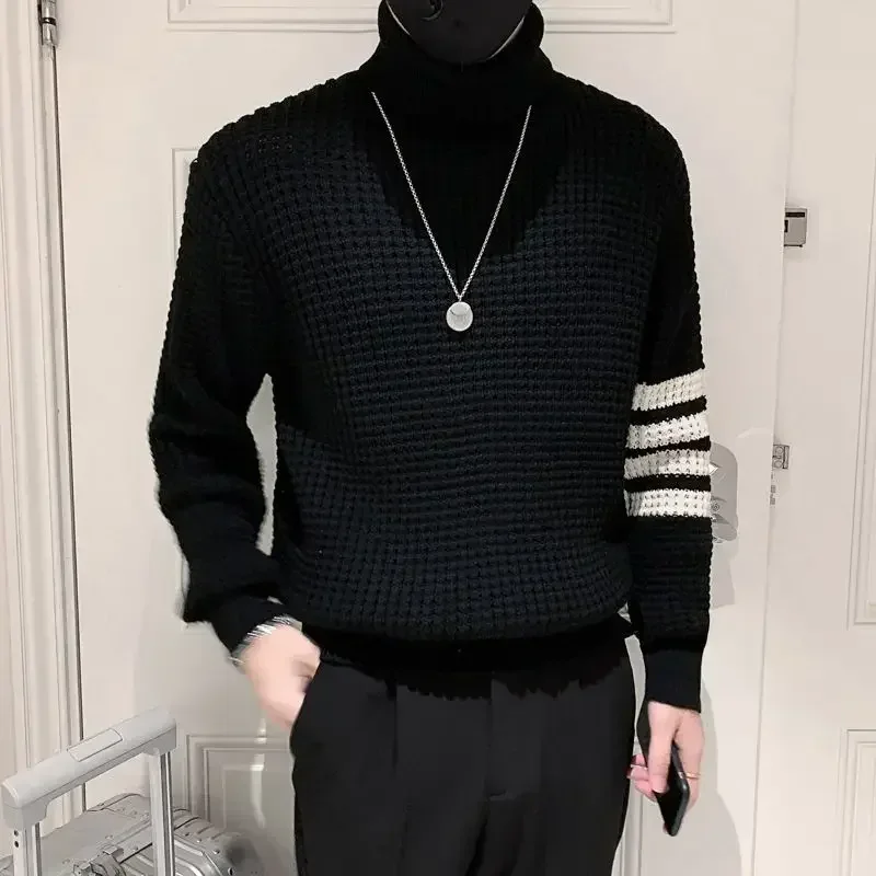 thumbnail image 1 of Suéter de punto negro de cuello alto para hombre, jersey de cuello alto liso a rayas, jersey de gran tamaño, productos más vendidos en 2024, 1 of 5