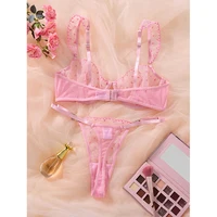 Lingerie audacieuse pour femmes, ensemble soutien-gorge et culotte en Tulle rose, broderie délicate, sous-vêtements romantiques pour femmes, Lingerie intime et Sexy 3