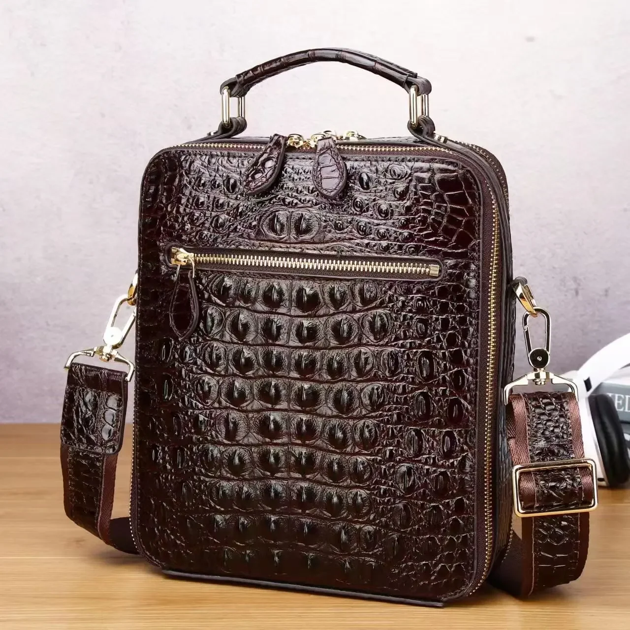 Genuine Leather Shoulder Bag Crocodile Pattern Head Layer Cowhide Handbag Large Capacity Luxury Crossbody Bag Business Bag