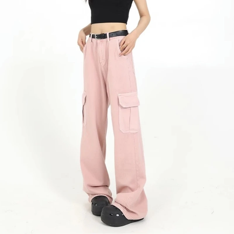 

Wome Pink Jeans Vintage High Waisted Y2K Bottoms American Wide Leg Pants Fashion Straight 2023 Summer Female White Denim Trouser