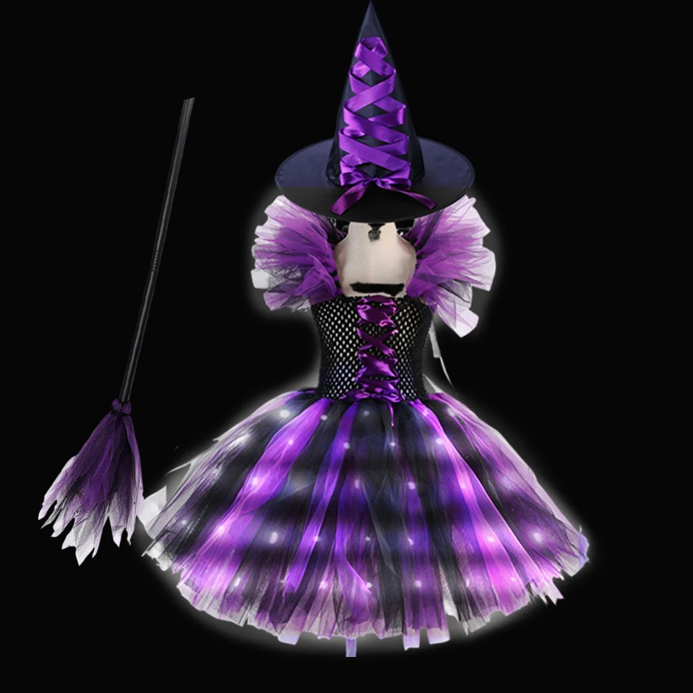 thumbnail image 1 of Disfraz de bruja de Halloween para niña, vestido de tutú con luz LED, vestido de carnaval, fiesta con sombrero, Cosplay de vampiro, ropa para niños de 2 a 10 años, 1 of 4