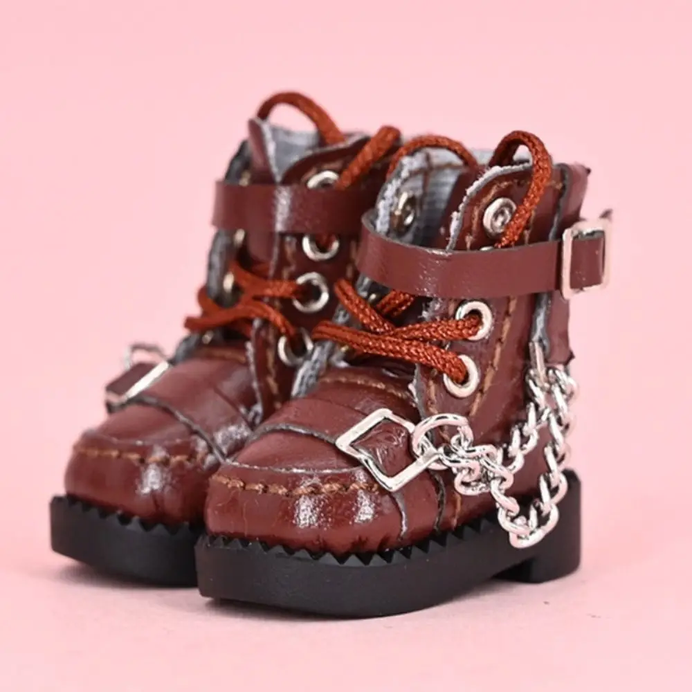 1 Pair High-top Obitsu 11 Doll Boots Metal Chain Mini 1/12 Bjd Doll Leather Shoes PU Leather High-heeled 1/12 Bjd Doll Boots