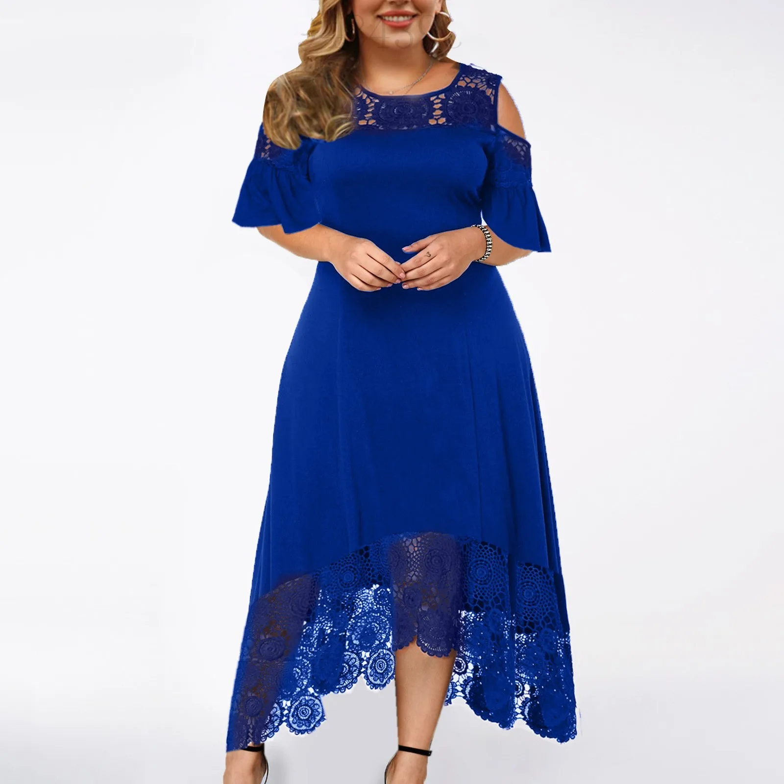 Plus Size Dress Summer New Fashion Elegant and Pretty O-neck Off Shoulder Short Sleeve Lace Solid Color Party One Piece Dress