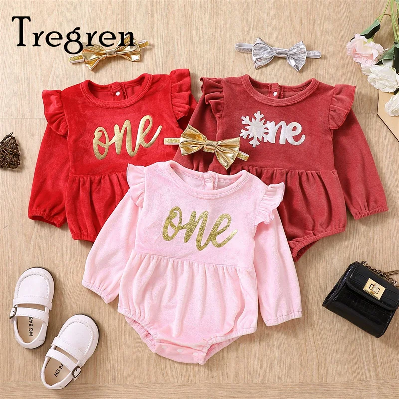 

Tregren Newborn Baby Girls Romper Birthday Outfit Letter Printed Ruffled Long Sleeves Short Jumpsuits and Headband 2pcs Sets
