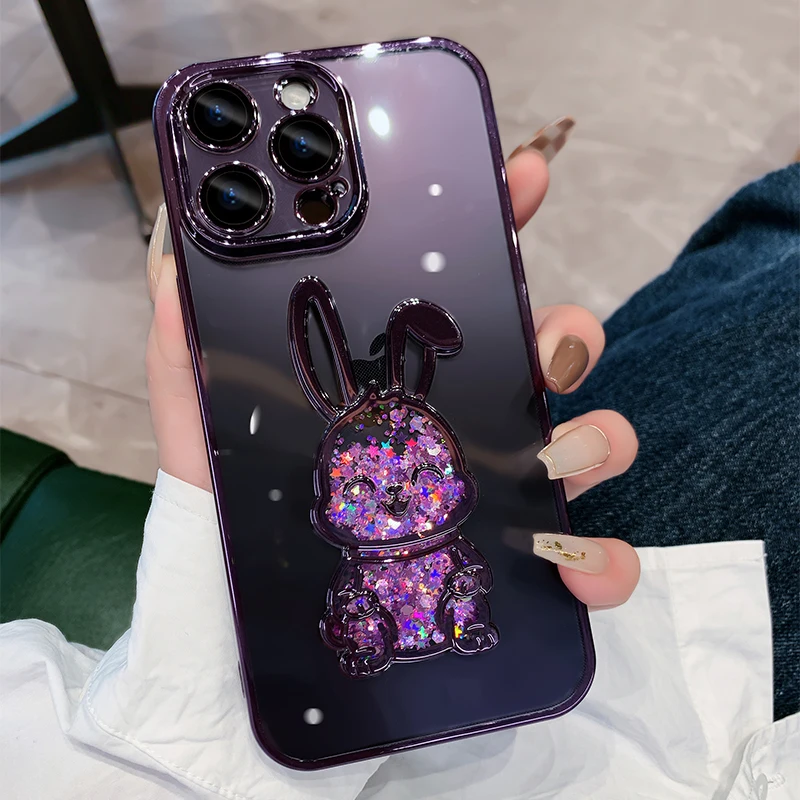 Cute Rabbit Quicksand Glitter Case for iPhone 14 Pro Max 13 12 11 15 X Xr Xs 8 7 Plus Bear Transparent Camera Protector Cover