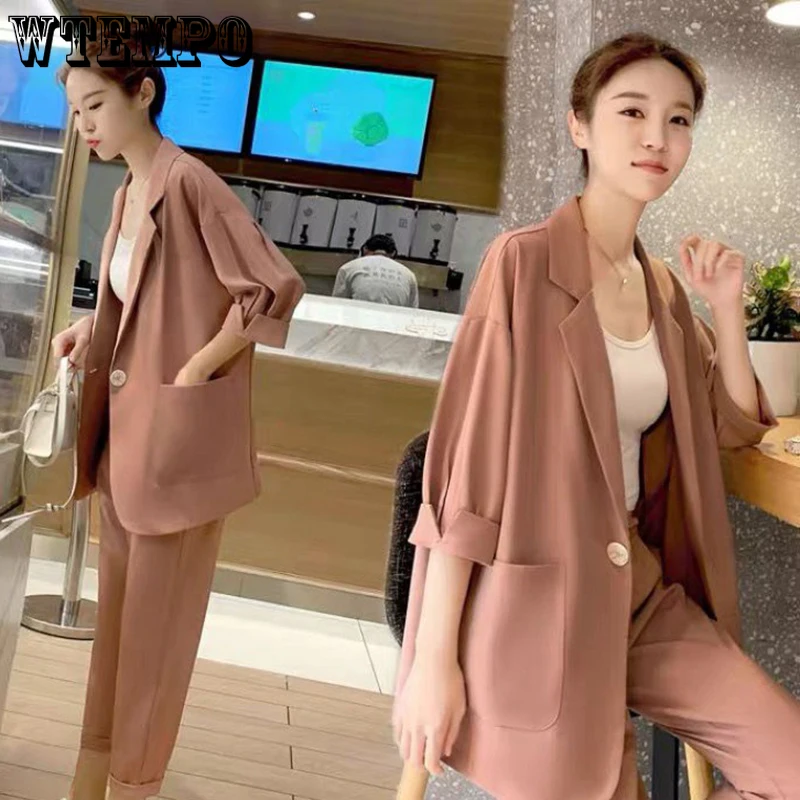 WTEMPO Solid Color New Suit Set Women's Spring Autumn Korean Style Fashion Business Casual Blazers + Pants Two Pieces Set