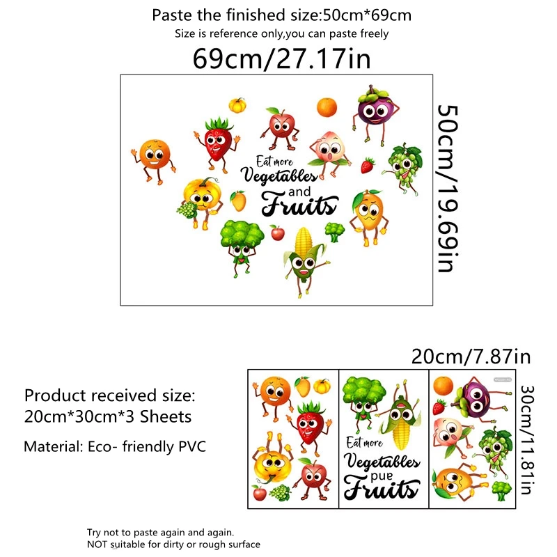 Cartoon Kitchen Food Wall Stickers Cartoon Vegetables Peel and Stick Wall Art Decals for Kitchen Dining Room Fridge Decor