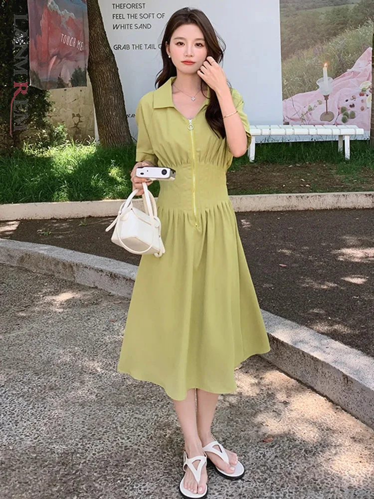 

LANMREM Women Casual Dress Lapel Short Sleeves High Waist Ziper Design Solid Color Dresses Versatile 2024 Summer New 2Z1179