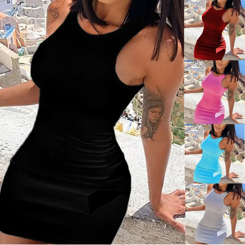 

Summer Vintage Pure Color Bodycon Dress Women Sexy Sleeveless Club Party Dress Ladies Solid Skinny Elegant Mini Dress