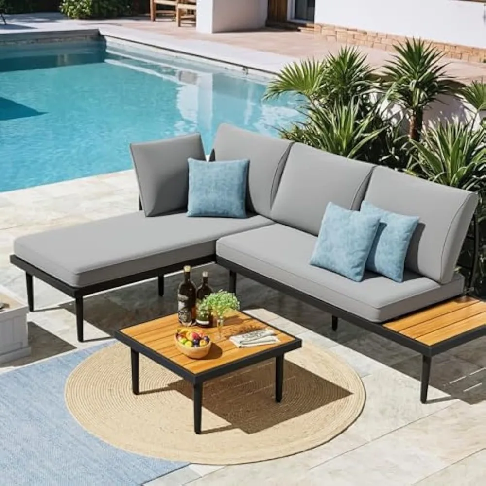 Outdoor Sectional Furniture Patio Sectional Sofa with Acacia Wood Table, Patio L-Shaped Conversation Set with 6