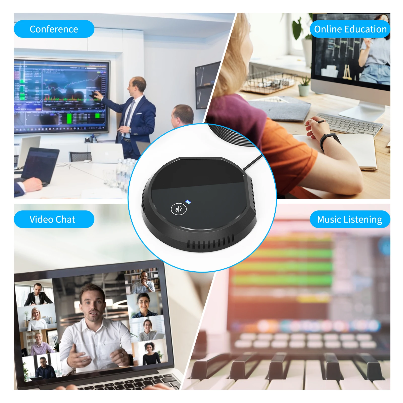 데스크탑 USB 회의 스피커 마이크, 360 ° 무지향성 콘덴서, 플러그 앤 플레이 PC 컴퓨터 마이크, 지지대 BT 스피커