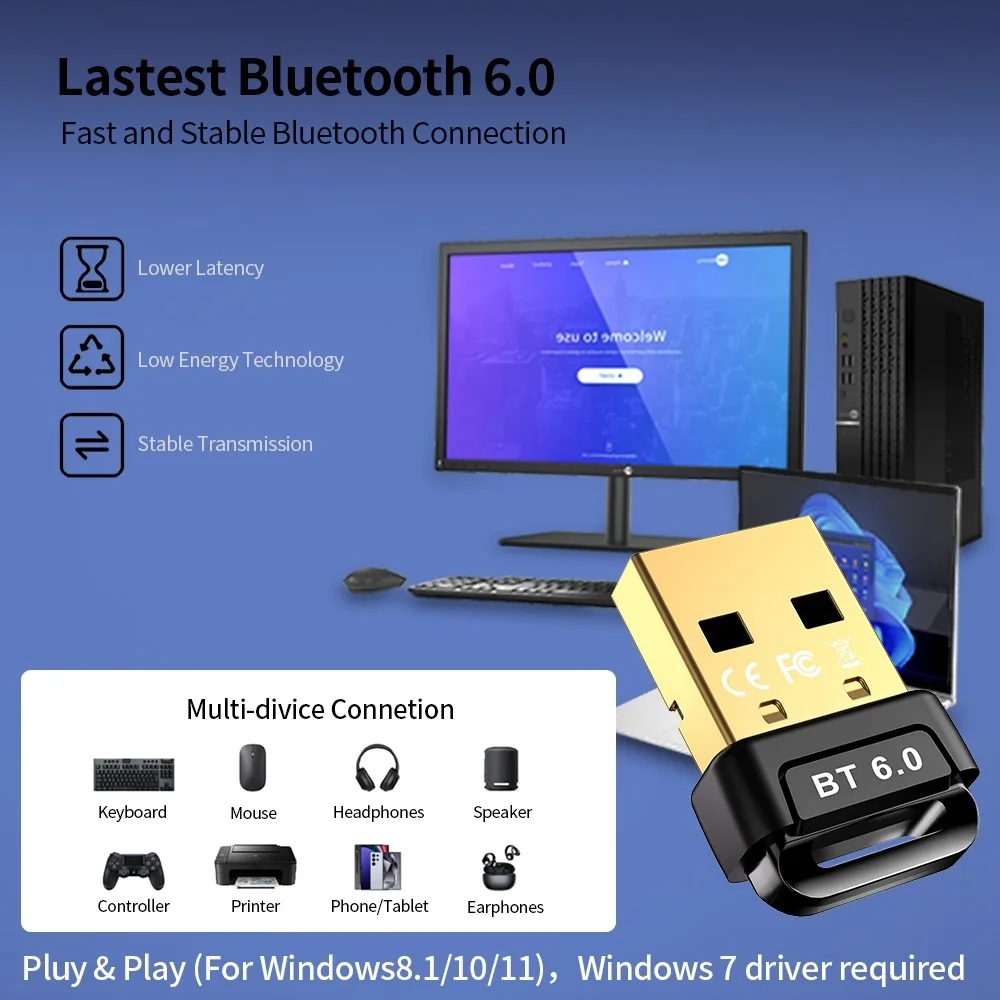 USB 블루투스 6.0 어댑터 블루투스 5.4 동글 PC용 윈도우 11/10/8.1 블루투스 수신기/전송기 (키보드/마우스/스피커용)