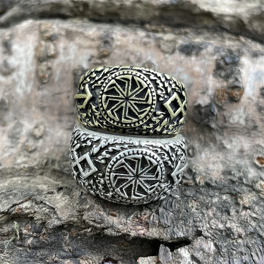 Bague Viking Slavique Kolovrat Symdakens, Runes Nordiques, Teiwaz et Othila, Bijoux Vintage