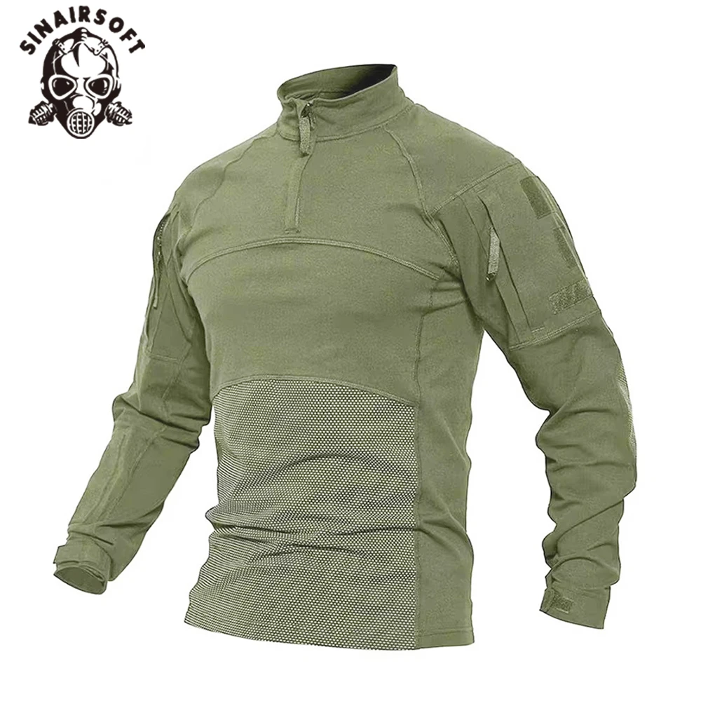 SINAIRSOFT Men's Camouflage Tactical Combat Shirt Stretch Cotton 1/4 Zipper Uniform Shirts Long Sleeve Camo T Shirt combat shirts
