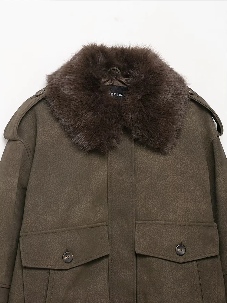 Women Suede Jacket 2025 New Autumn Winter Fashion Fur Collar Long Sleeve Zipper Coat Chic Female High Street Elegant  Outerwear