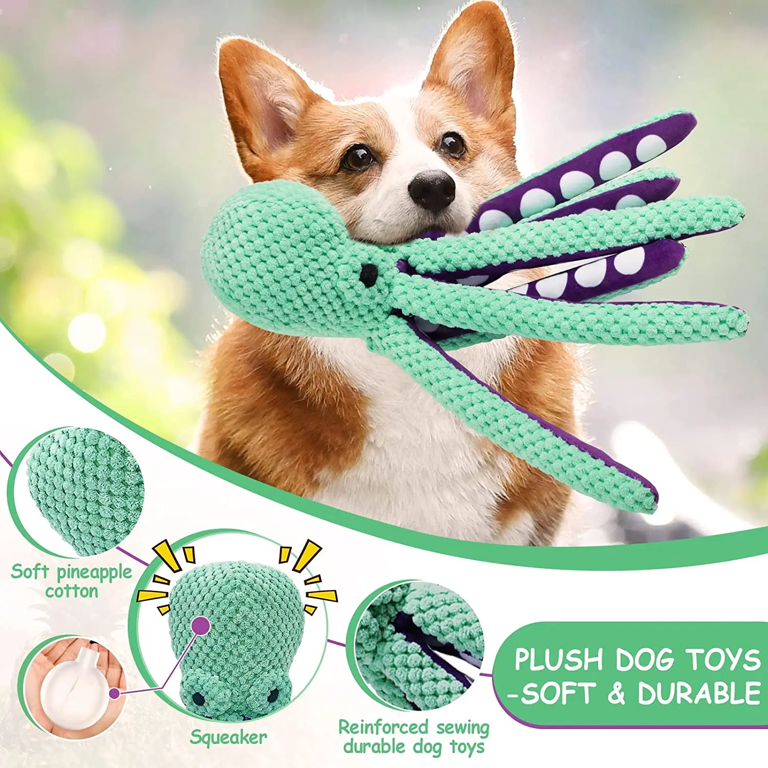 ATUBAN Squeaky Dog Toys,Octopus Plush Dog Chew Toys for Puppy Teething,Pet  Training and Entertaining,Durable Interactive Dog Toy