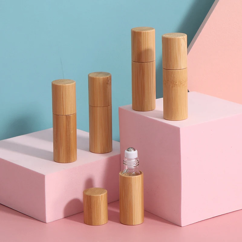 5Ml Essential Oil Roll-On Bottle Natural Bamboo Refillable Empty Essential Oil Perfume Fragrance Scent Steel Roller Ball Bottle
